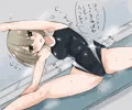 ちゃんと準備運動するよう言ってくれる競泳水着のお姉さん