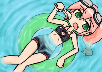 水着でプールで