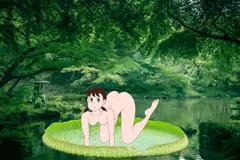 池のほとりで仮想尻振りダンスをするしずかちゃん(GIF)