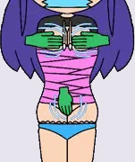 手のモンスターと縛られている女性