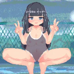 透け水着エロ蹲踞ダブルピース