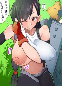 戦闘後、誰も見ていない中で汗を拭くティファ