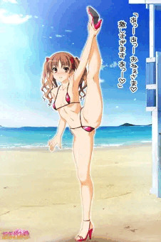 キワどい水着で、Y字バランスをキメる黒子さん