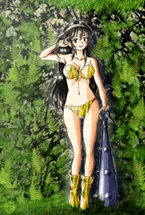 近所の神社の石垣で、節分の鬼娘のコスプレでポーズを👹