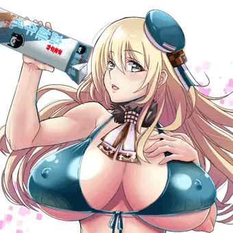 おっぱいに牛乳をかけて母乳を出す金髪の重巡娘