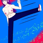 紺色ズボン姿の麻宮アテナ蹴り