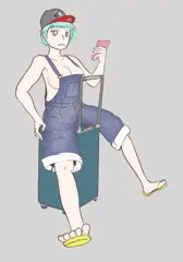キャリーバッグに載ったはだかオーバーオールの女の子