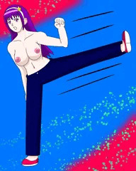紺色ズボン姿の麻宮アテナ蹴り