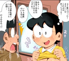 ママに変身して家庭訪問に対応するのび太。
