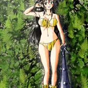 近所の神社の石垣で、節分の鬼娘のコスプレでポーズを👹