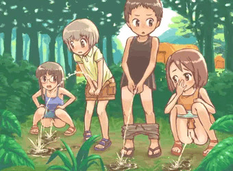 キャンプ場で仲良くおしっこする少年少女達