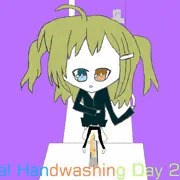手を繋ぎながら小便している少女と男女共同トイレの個室にある洗面台