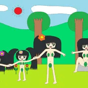 楽しく遊ぶ葉っぱ族の女の子