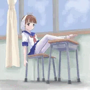 机の上に脚を投げ出すコスプレ風少女