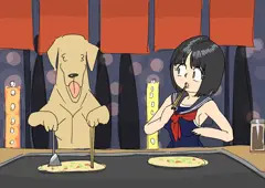 ワンちゃんと一緒にお好み焼きを食べるガール