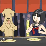 ワンちゃんと一緒にお好み焼きを食べるガール