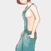 裸オーバーオールの女の子