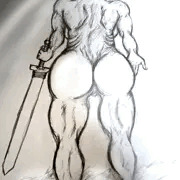 オリジナル 筋肉女戦士水浴び後ろ姿。
