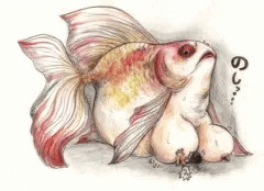 金魚の巨乳に潰される絵