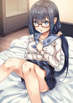 巨乳のメガネ娘がベッドに座ってるだけ