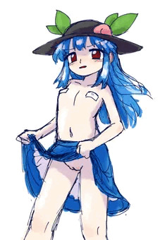 スカートだけ穿かされて更にたくし上げさせられている天子