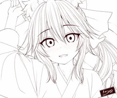 巫女服の玉藻の前と　線画