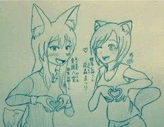 看板娘のきつねとたぬき