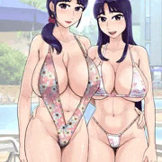 水着姿の巨乳母娘