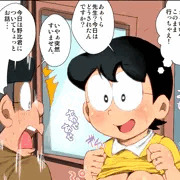 ママに変身して家庭訪問に対応するのび太。