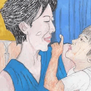 ママ、顔にパウダー付けたよん！