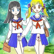 なかよし女子中学生の登校イラスト