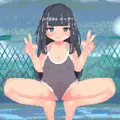 透け水着エロ蹲踞ダブルピース