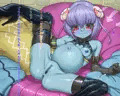 青肌と褐色のあくま娘3体の出産模様