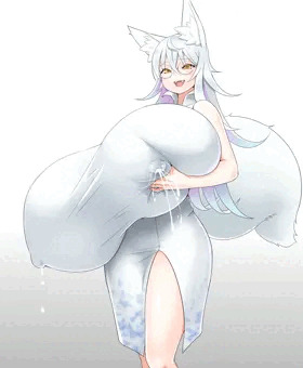 垂れ超乳メガネ白狐セルフ乳揉み噴乳