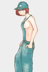 裸オーバーオールの女の子