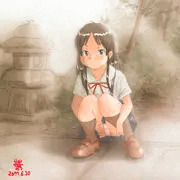 お庭でしゃがむ娘