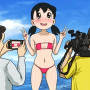 しずかちゃんが海で水着でダブルピースしている所を撮影される健全絵