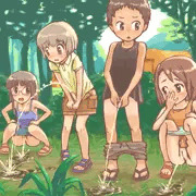 キャンプ場で仲良くおしっこする少年少女達