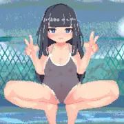 透け水着エロ蹲踞ダブルピース