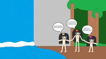 滝を見る野生の母娘
