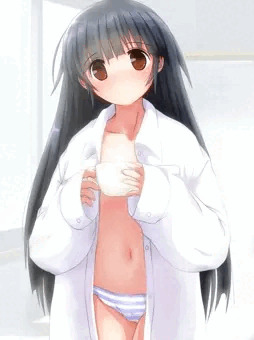 早朝カフェオレボウルと裸Yシャツと縞ぱん