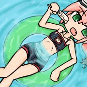 水着でプールで