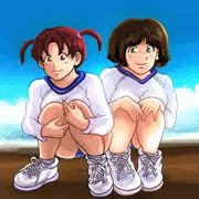 しゃがんで座る霧と清のブルマ姿