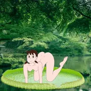 池のほとりで仮想尻振りダンスをするしずかちゃん(GIF)