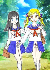なかよし女子中学生の登校イラスト