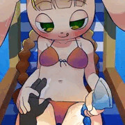 水着ﾐﾐﾁｬとビーチにて